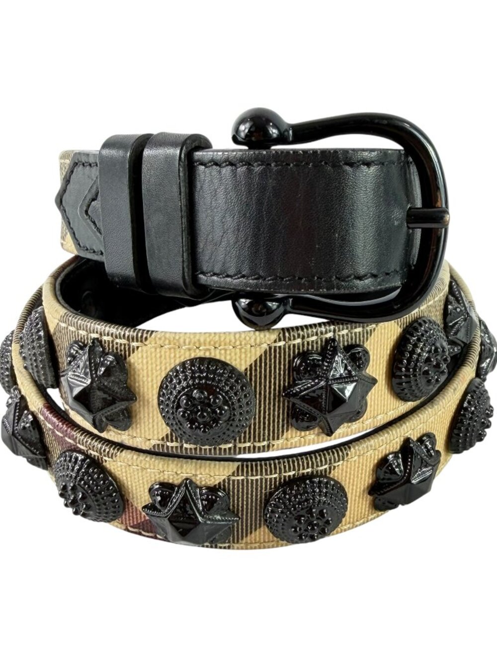 BURBERRY Black House Check Canvas/Leather Embellished Buckle Studded Belt 80-32